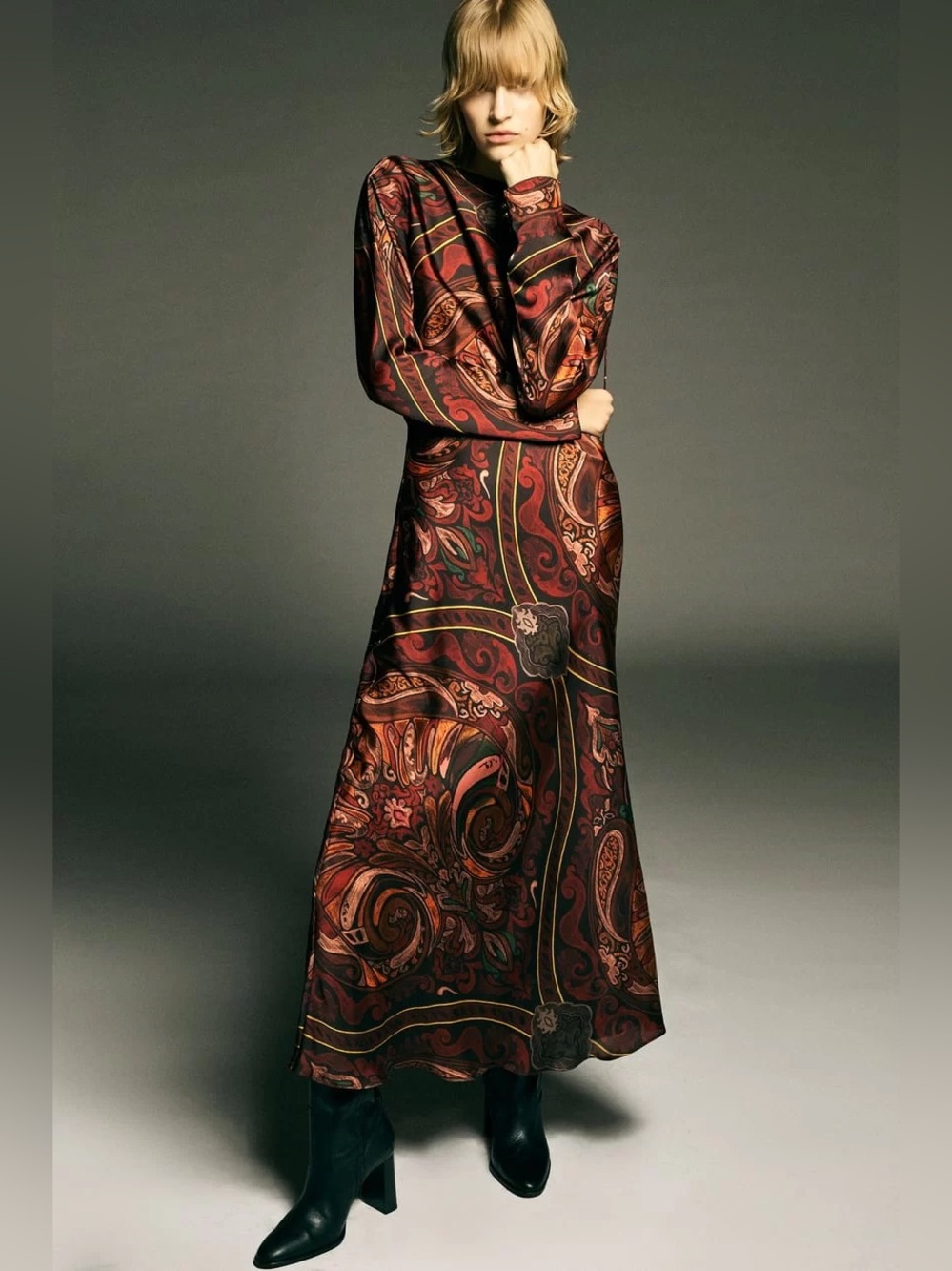 Zara Red Brown Paisley Swirl Satin Maxi Dress Long Sleeve Size Large